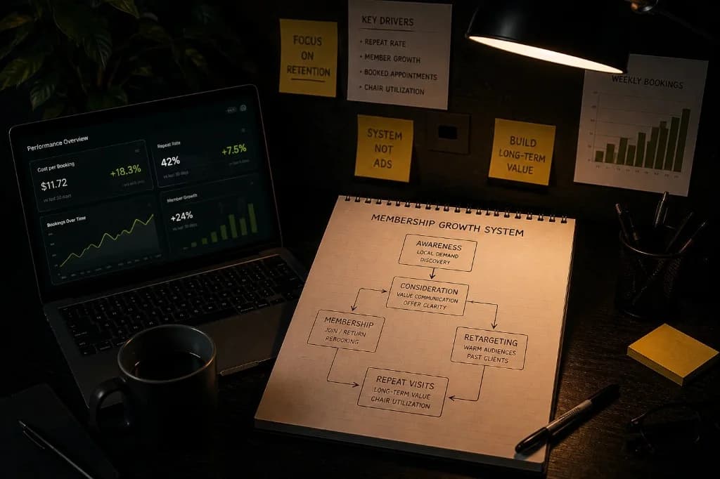 Marketing strategy workspace with campaign planning, performance dashboard, and membership growth notes.