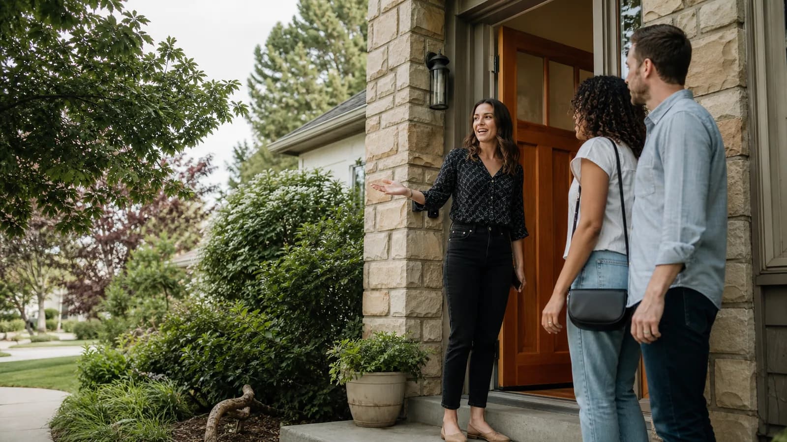 Couple viewing a suburban home with a realtor on the front porch in daylight