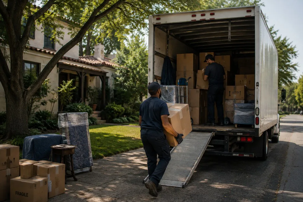Professional movers loading boxes into a moving truck outside a residential home