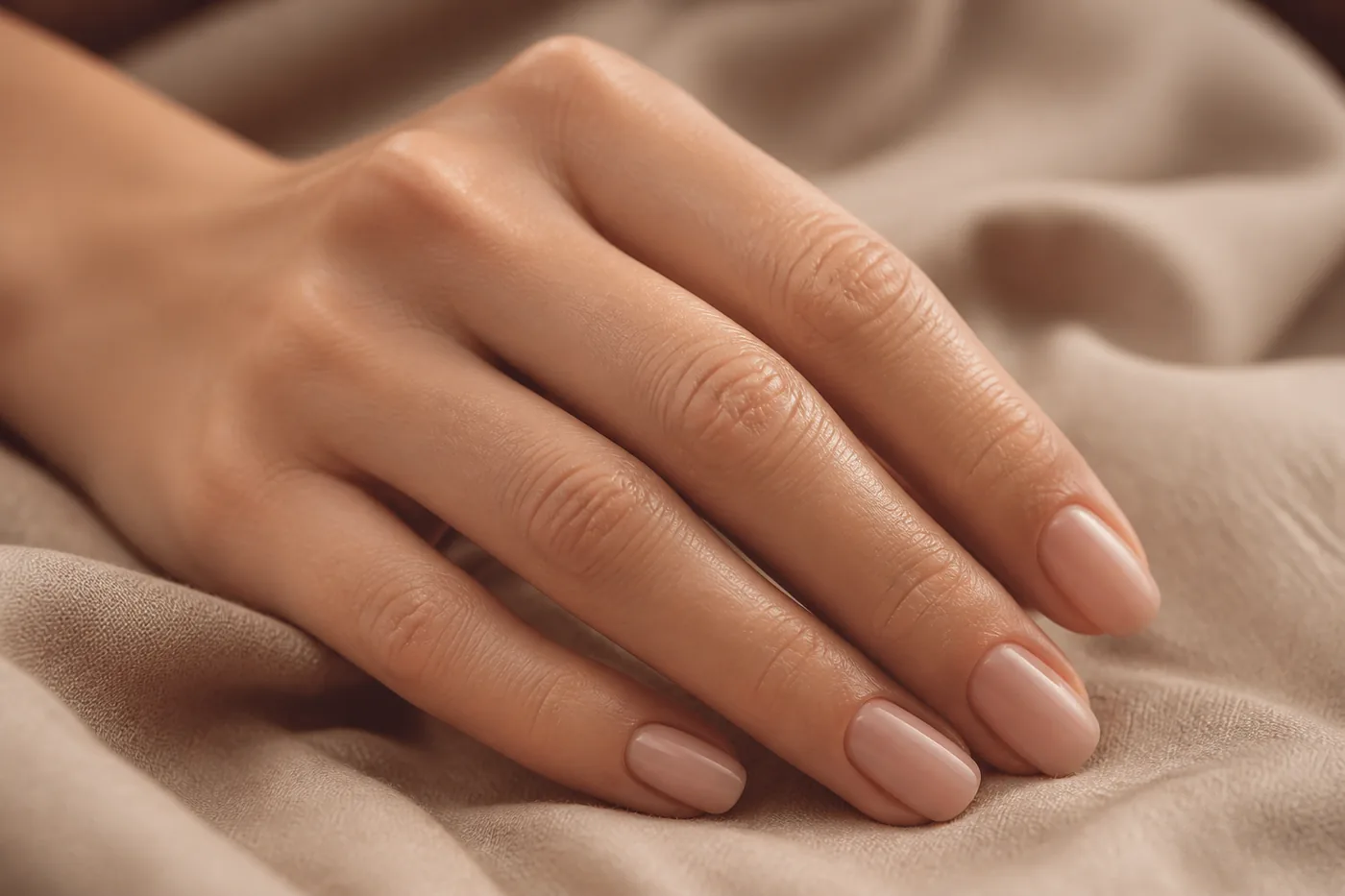 Close-up of a finished neutral manicure in a premium nail salon setting.