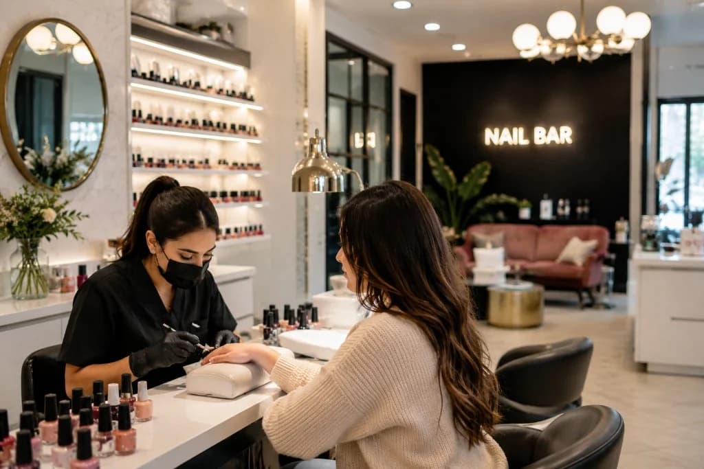 Nail technician providing a manicure to a client inside a modern Dallas nail salon.