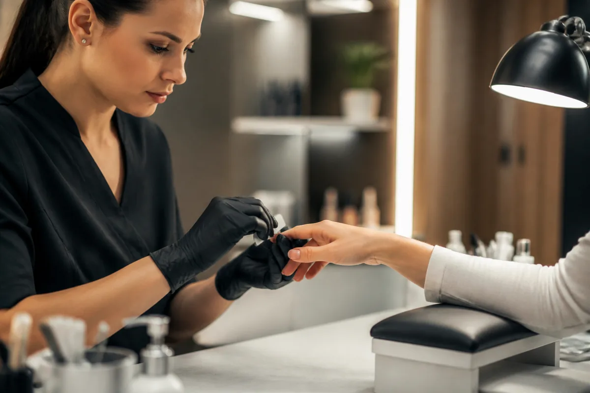 Nail technician performing a manicure in a modern salon.