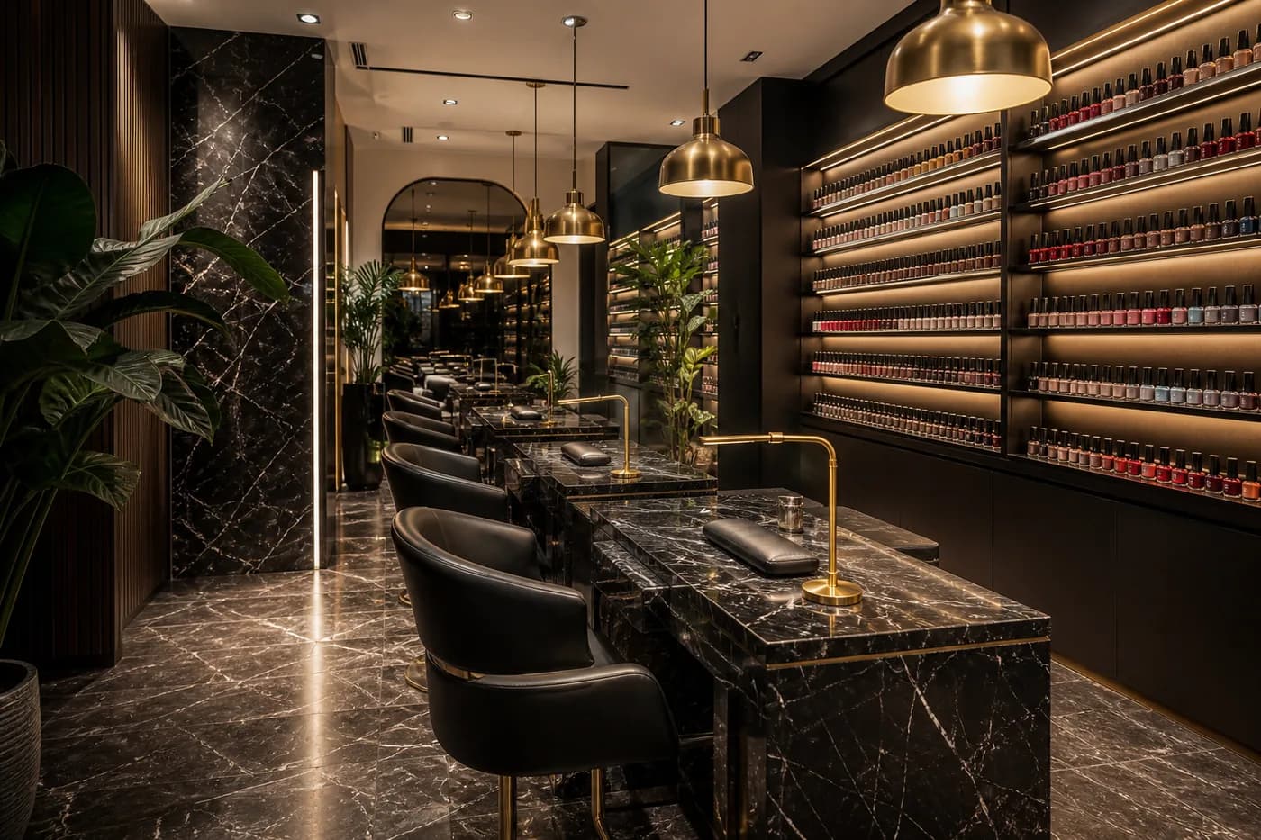 Interior of a modern upscale nail salon with manicure stations and polish displays.