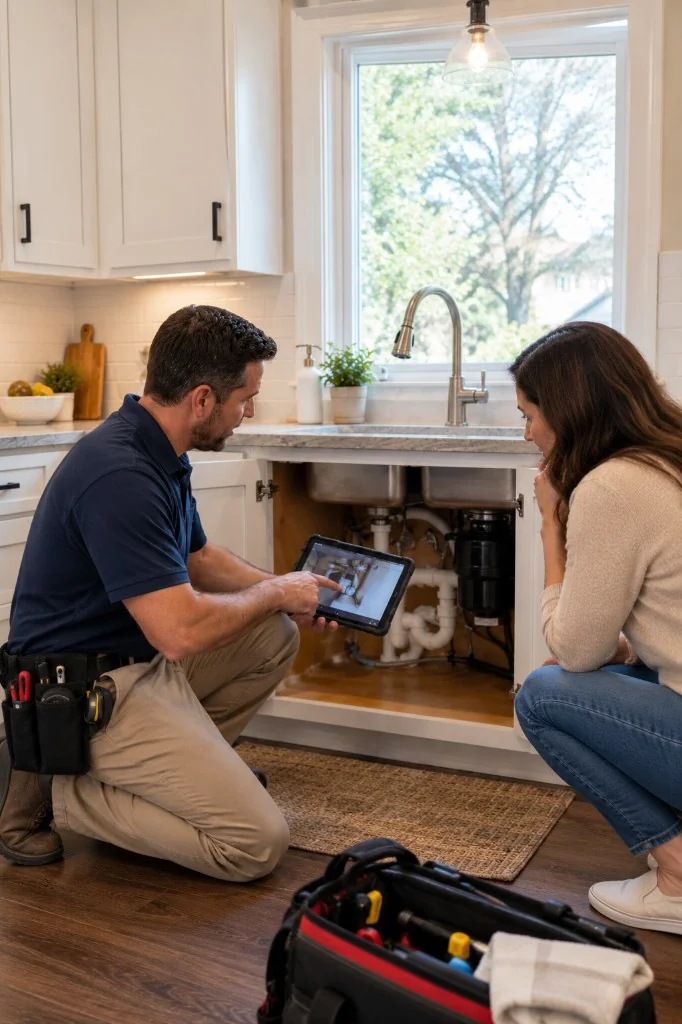 Plumber reviewing an under-sink plumbing issue with a homeowner
