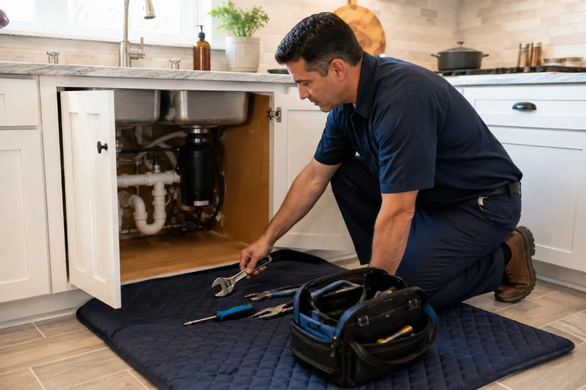 Plumber organizing tools on a protective mat before working beneath a kitchen sink