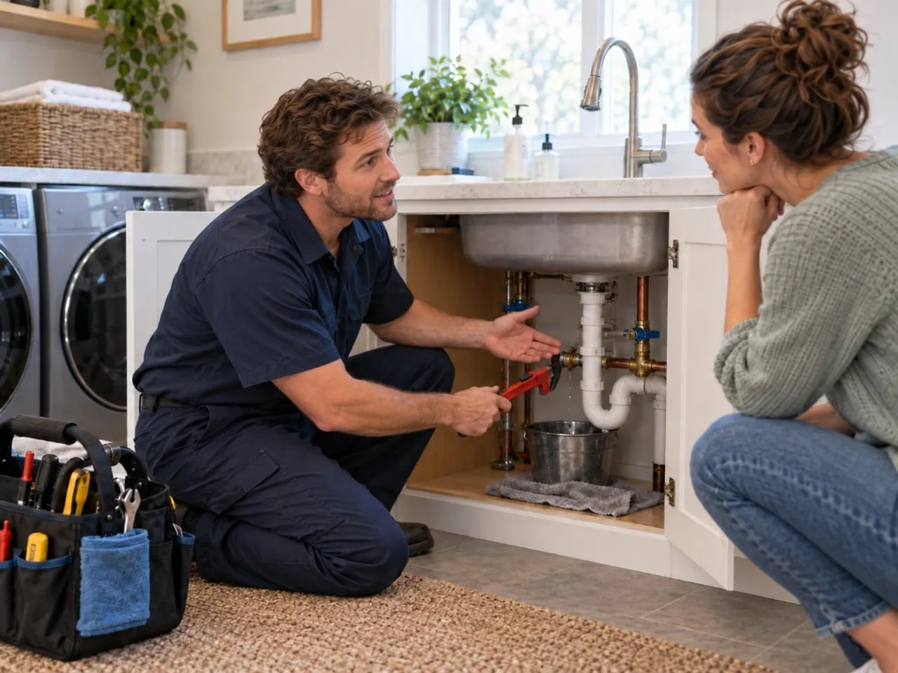 Plumber explaining an under-sink leak to a homeowner in a laundry room during a service visit