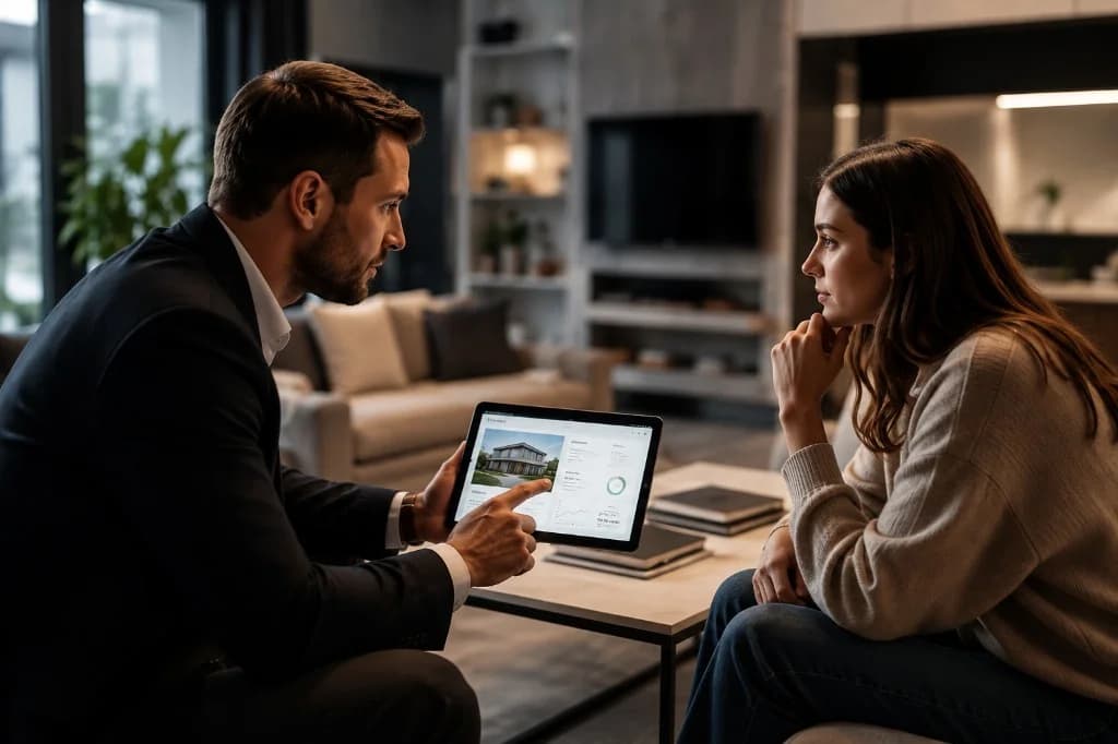 Real estate agent speaking with a prospective client during a home consultation