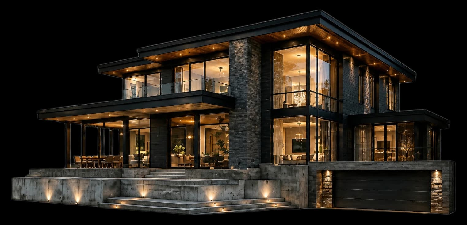 Modern multi-story home at dusk with warm interior lighting and glass facade.