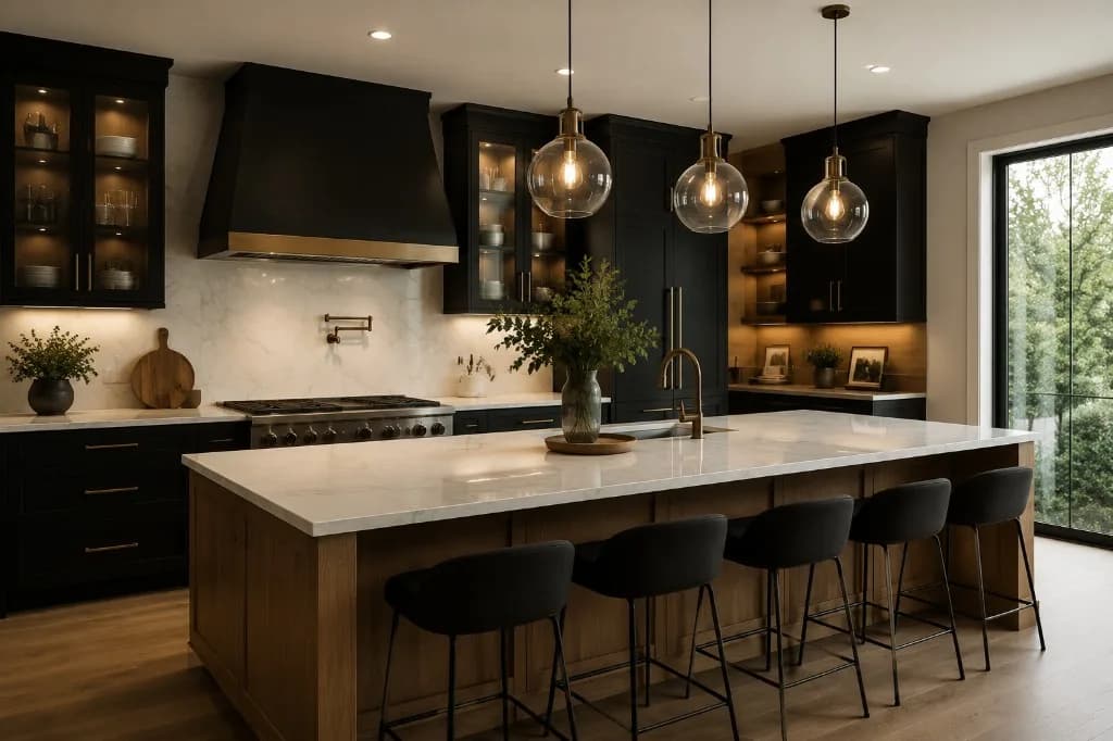 Finished high-ticket kitchen remodel with marble island, dark cabinetry, and brass fixtures
