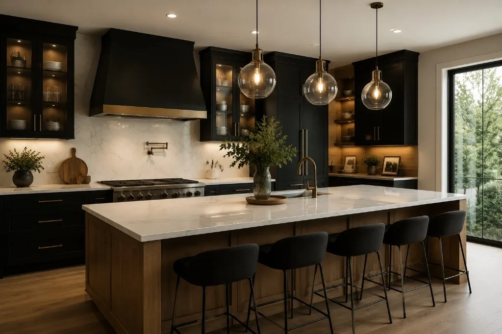 Finished high-ticket kitchen remodel with marble island, dark cabinetry, and brass fixtures