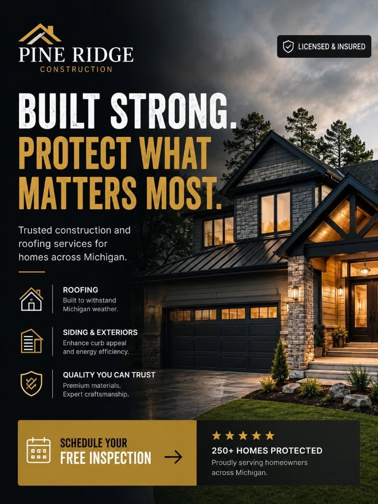 Pine Ridge Construction paid social creative concept — Built Strong, Protect What Matters Most