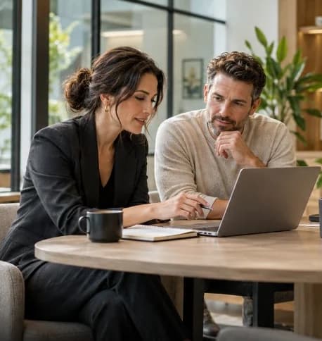 Two colleagues reviewing notes on a laptop in a bright office