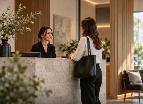 Receptionist greeting a visitor across a stone desk in a wood-lined practice lobby