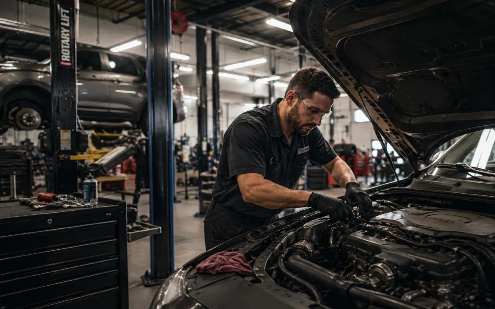 Auto repair technician servicing a vehicle inside a professional repair shop
