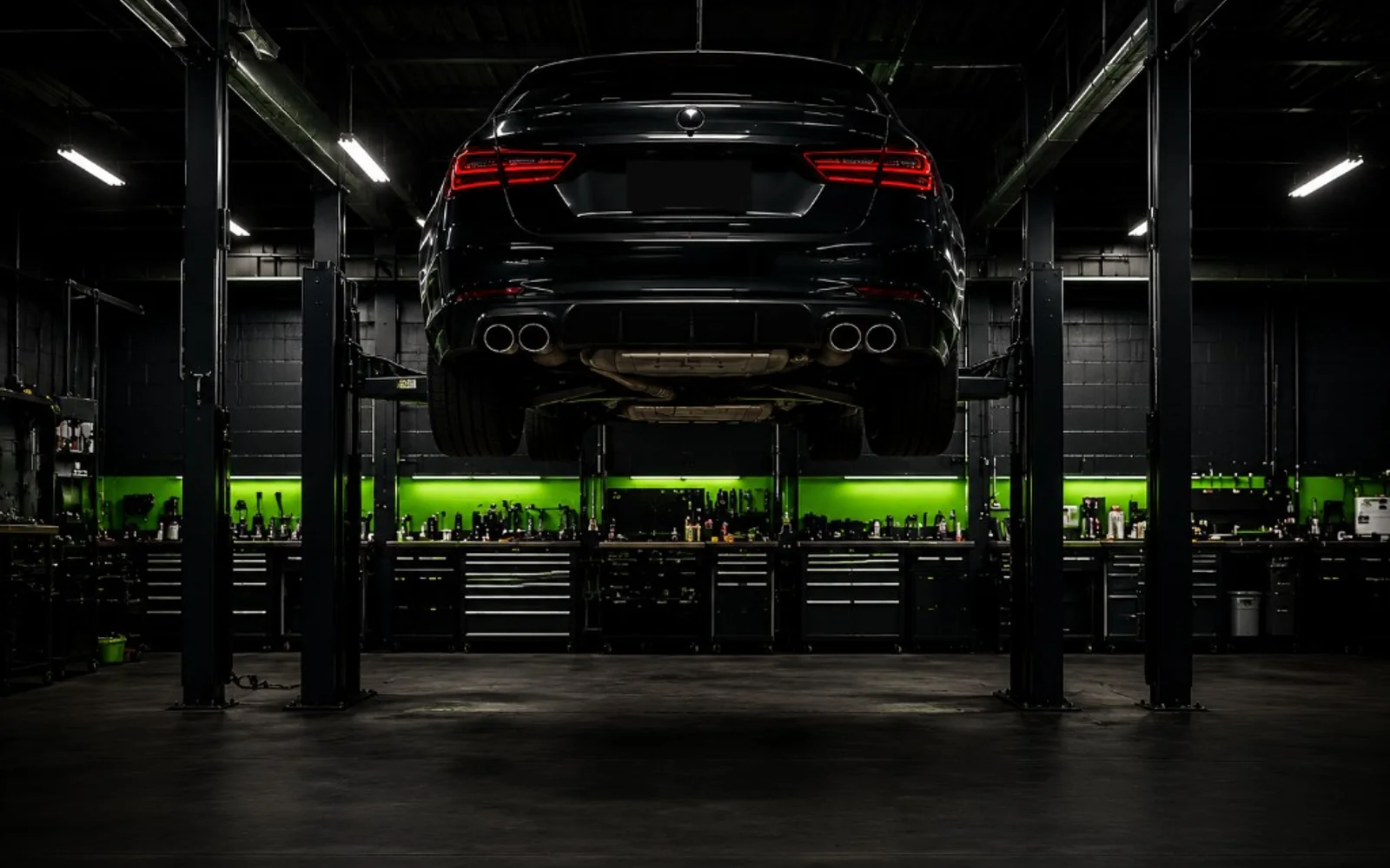 Vehicle on a lift inside a modern auto repair workshop