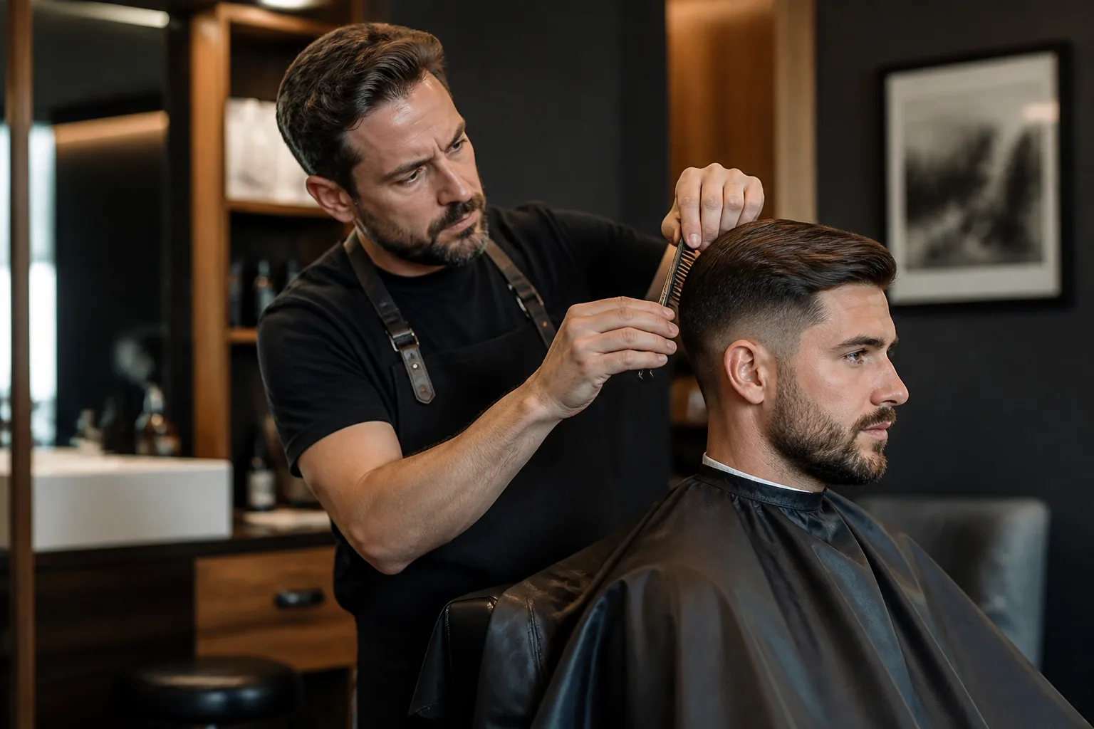 Barber giving a client a haircut in a premium barbershop interior