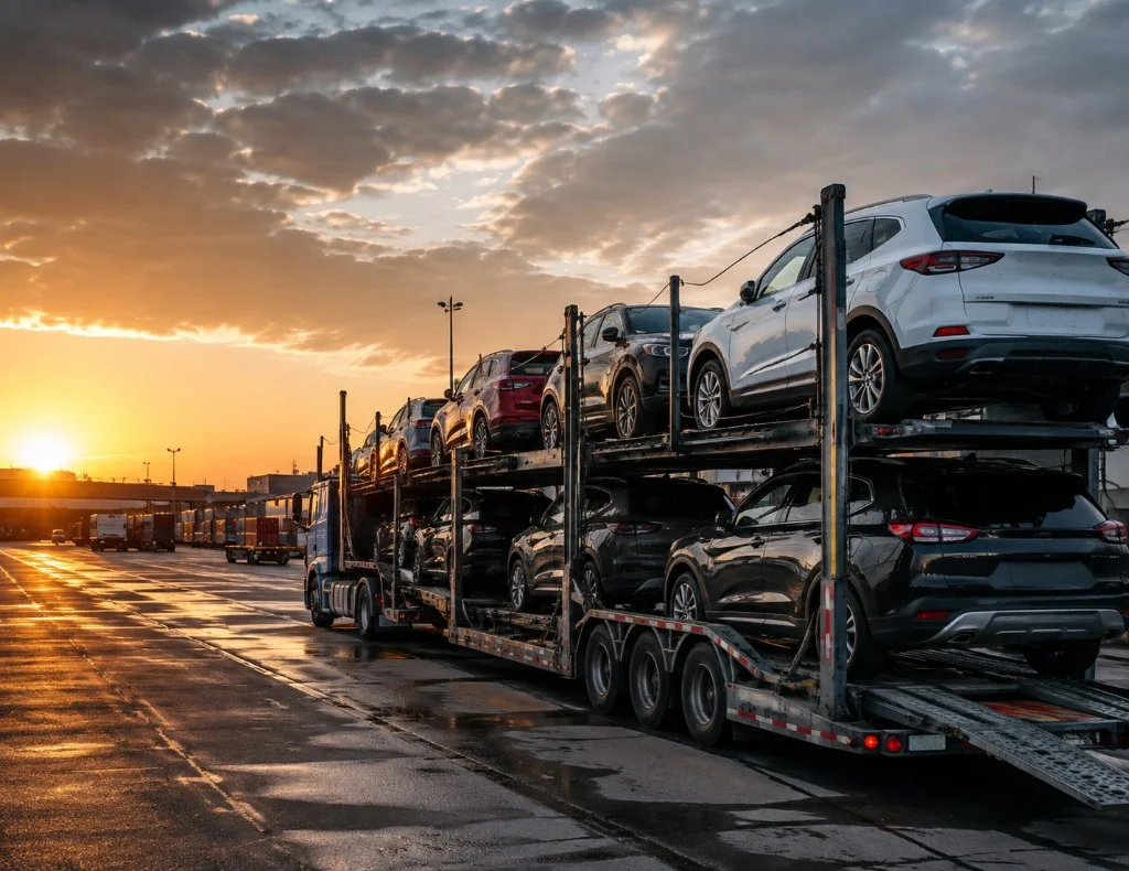 Car carrier transporting multiple vehicles in a logistics yard