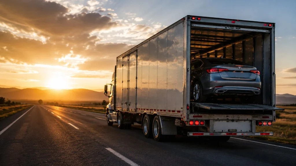 Enclosed vehicle transport truck carrying a car on a highway