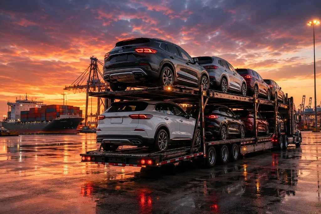 Car carrier transporting multiple vehicles at a logistics terminal