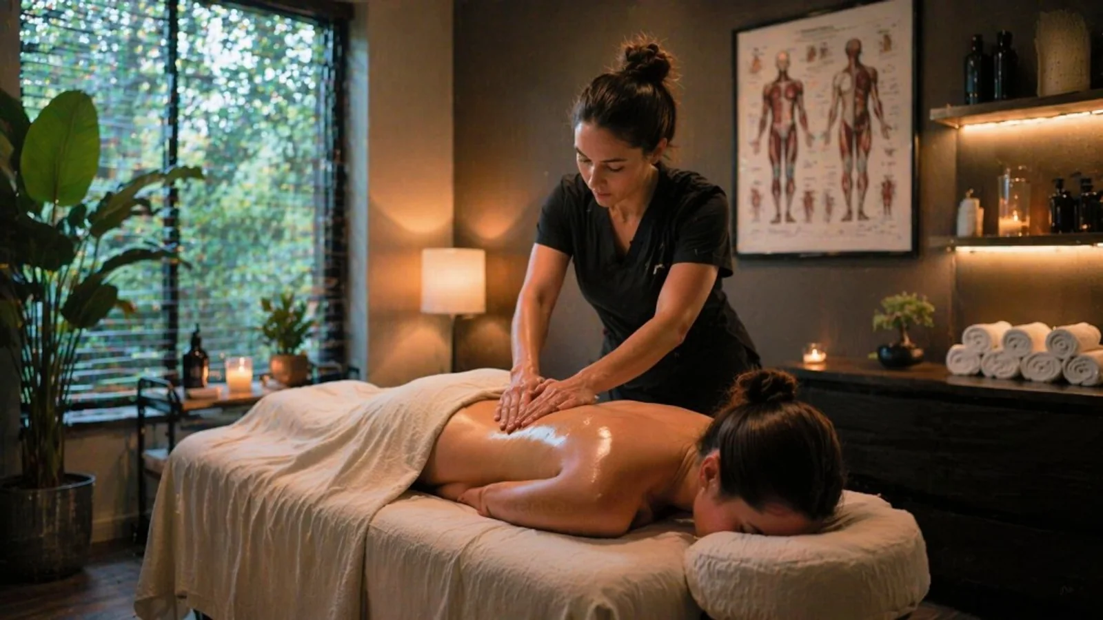 Massage therapist preparing a calm treatment room for a client session