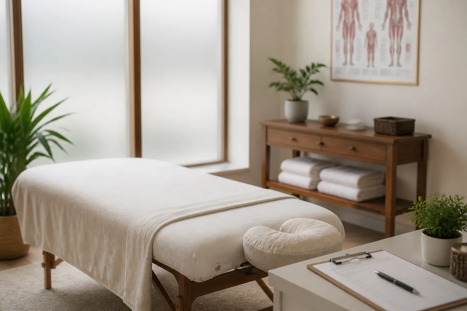 Modern massage therapy treatment room with a prepared table and calm studio lighting