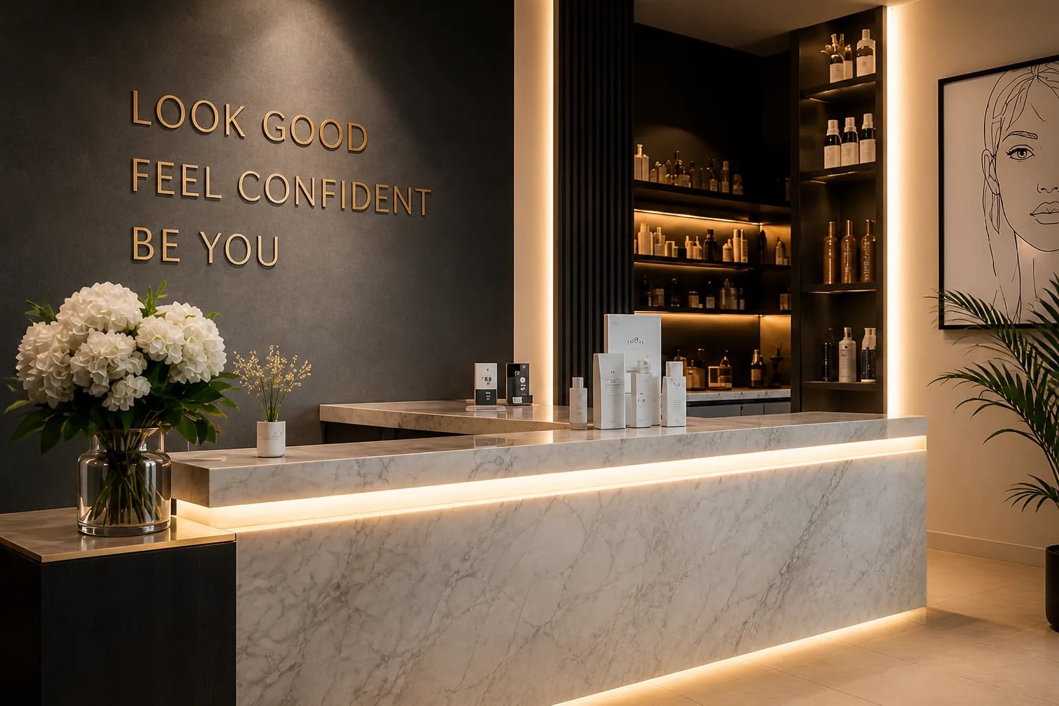 Upscale med spa interior with reception area, treatment products, and modern aesthetic design