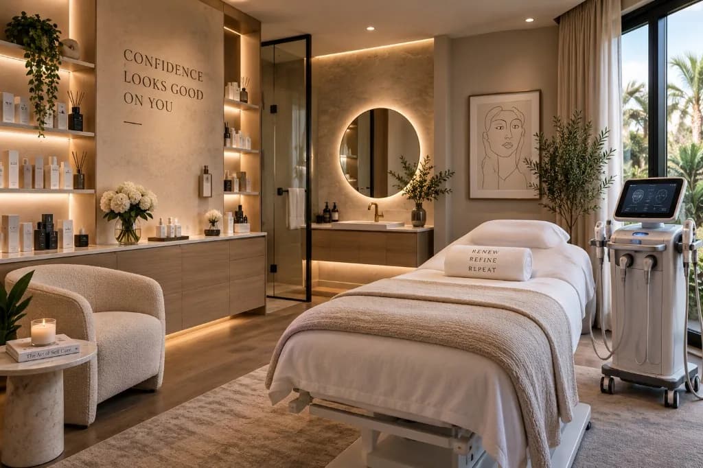 Luxury med spa treatment room with treatment bed, aesthetic device, warm lighting, skincare products, and modern interior