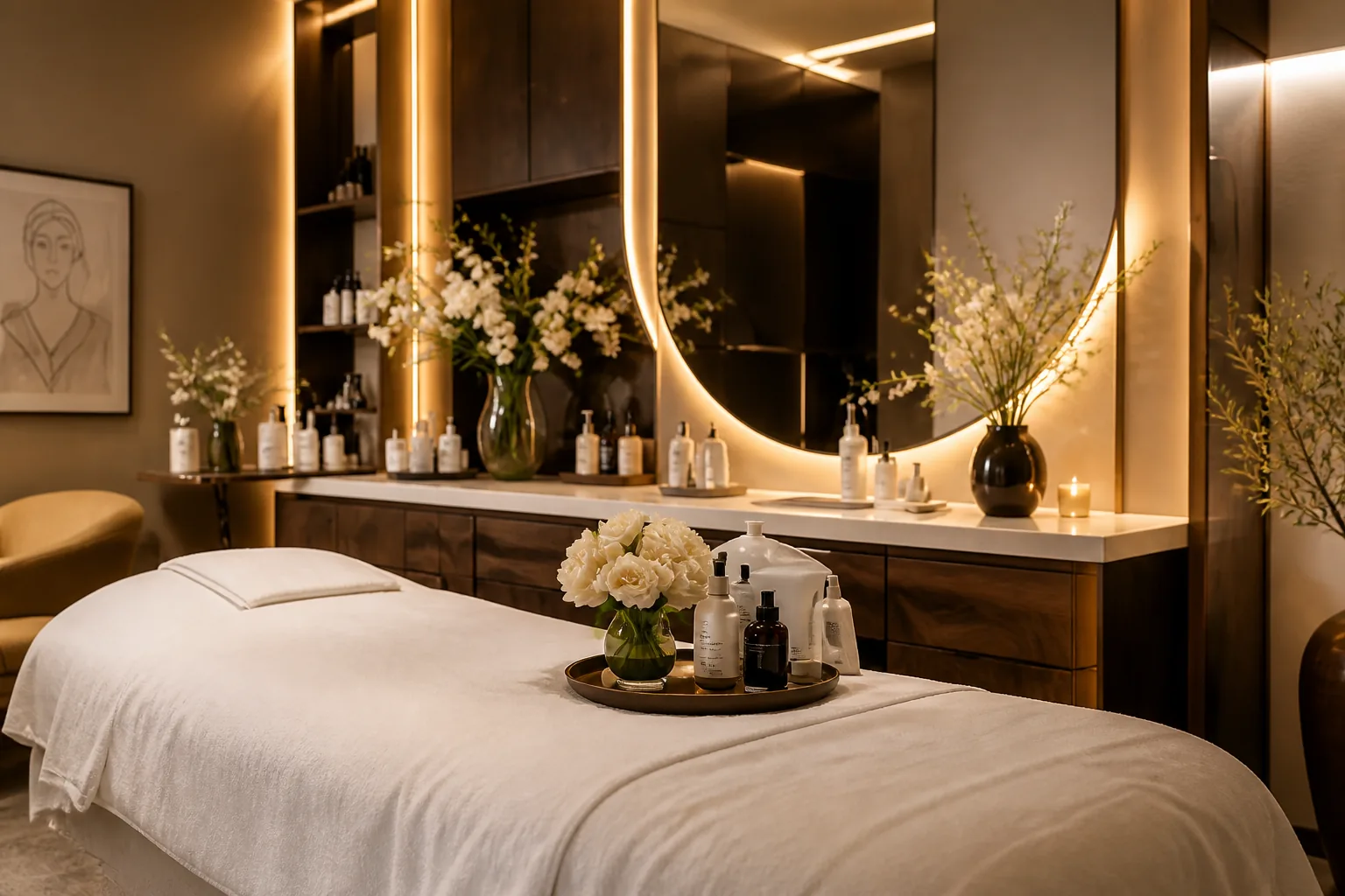 Luxury med spa treatment room with treatment bed, warm lighting, mirrors, and aesthetic products