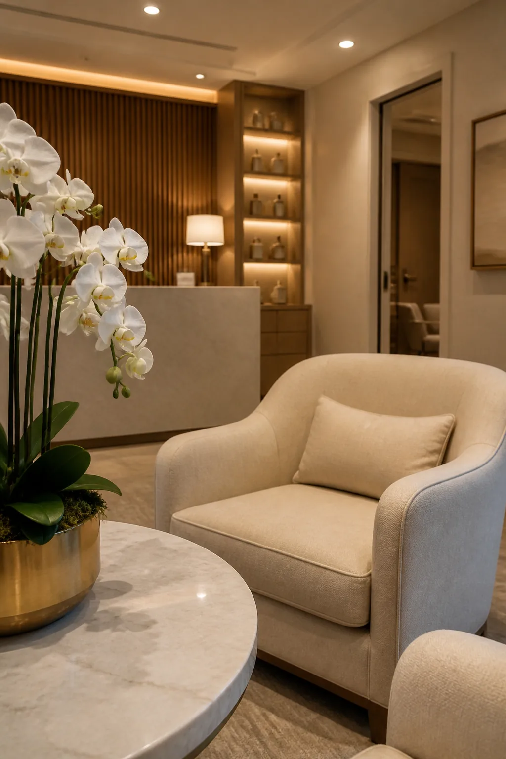Luxury med spa lounge with cream armchair and white orchids