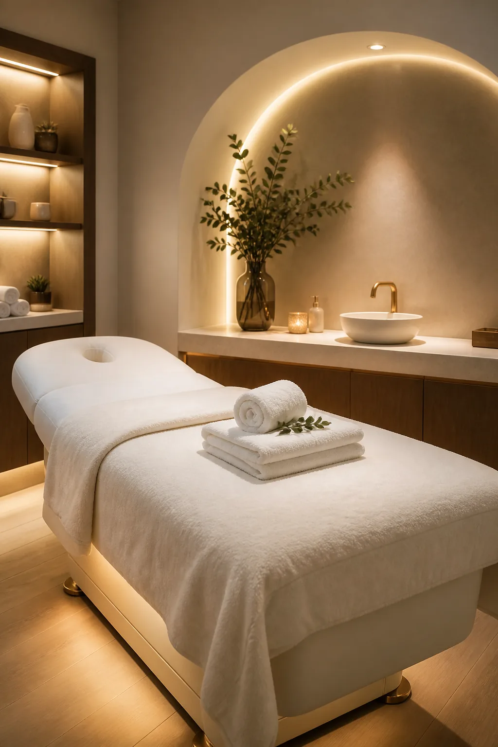 Luxury med spa treatment room with white treatment bed and warm lighting