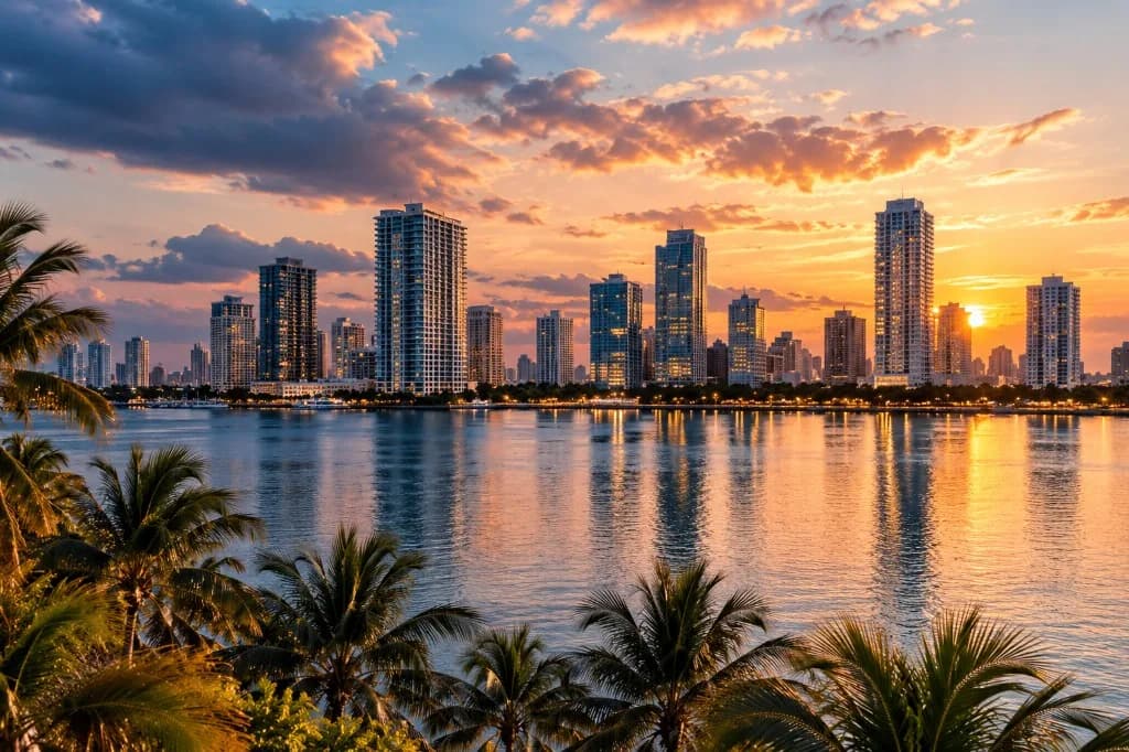Waterfront city skyline at sunset with palm trees and high-rise buildings