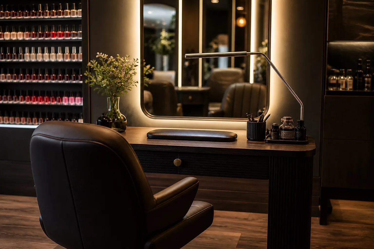 Nail salon station prepared for appointments and client visits