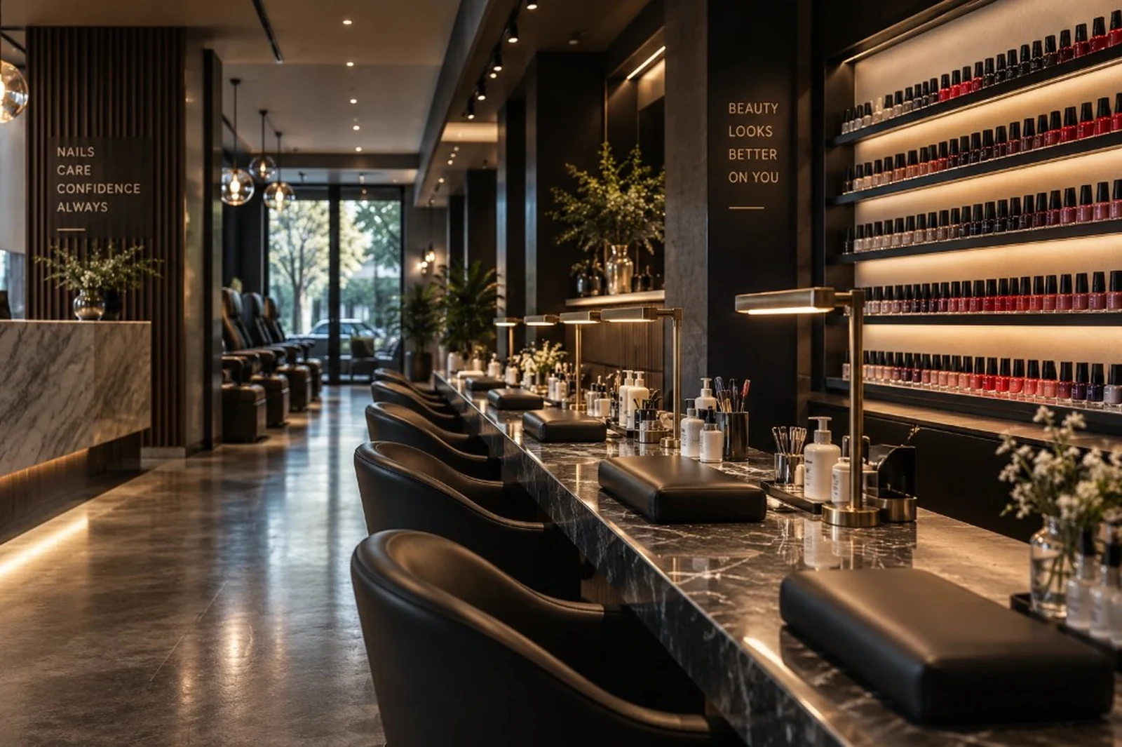 Modern premium nail salon with manicure stations and nail polish display