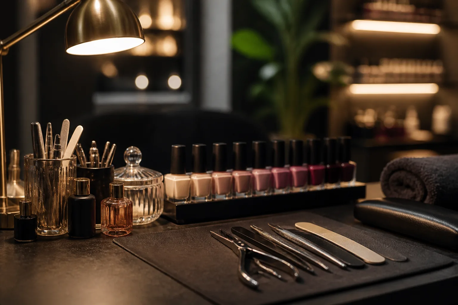 Premium manicure workstation with professional tools and nail polish on a dark work surface