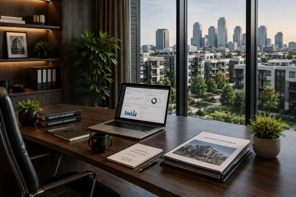 Premium property management office with portfolio documents on desk and residential buildings visible through the windows