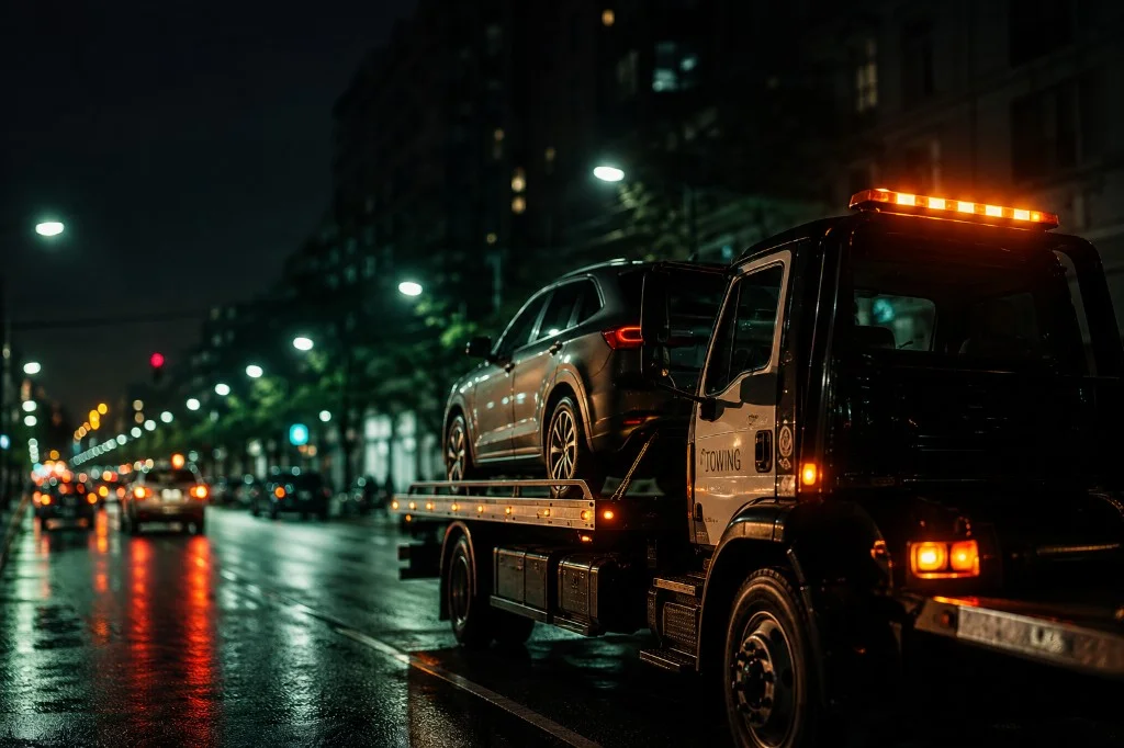 Tow truck transporting a vehicle at night