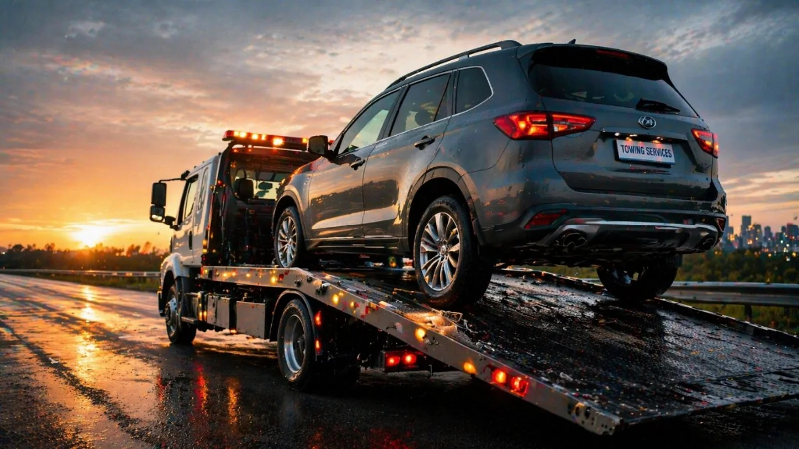 Flatbed tow truck transporting a vehicle on a local road at dusk