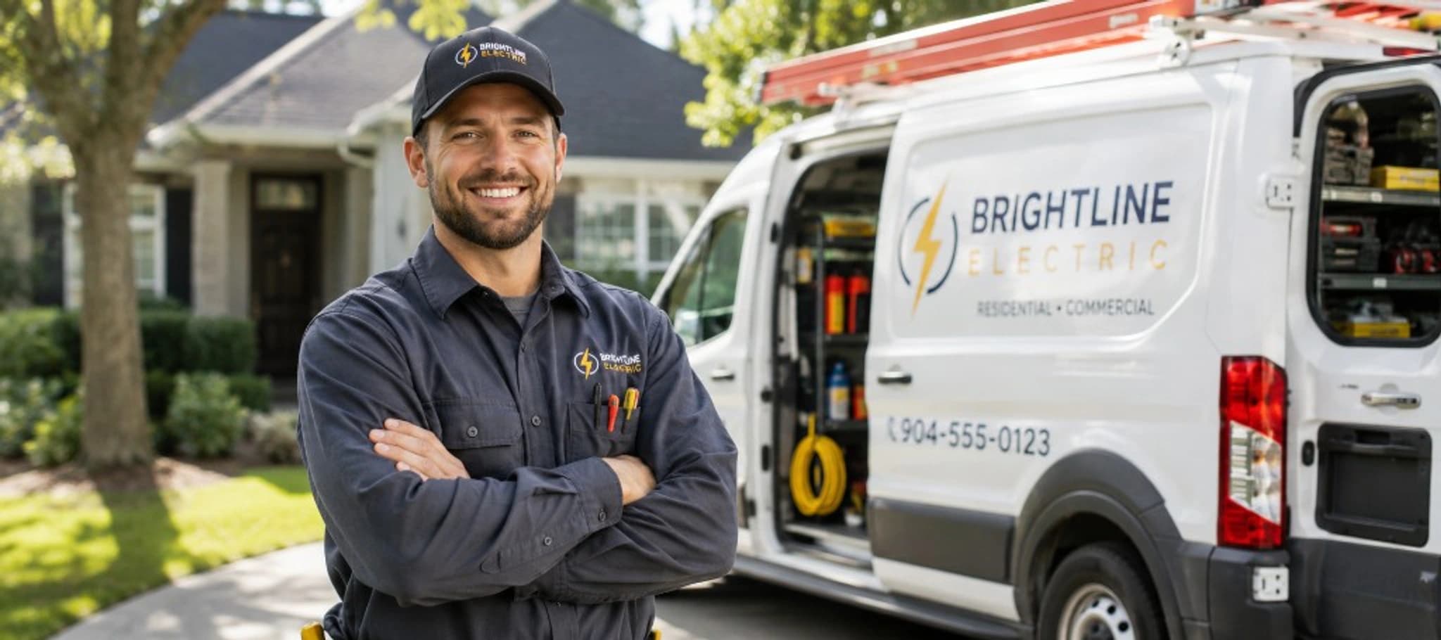 Licensed electrician with a service van preparing for a residential electrical job