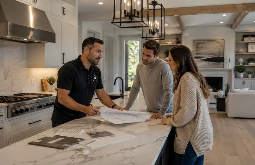 Homeowner and remodeling contractor reviewing design plans during a consultation