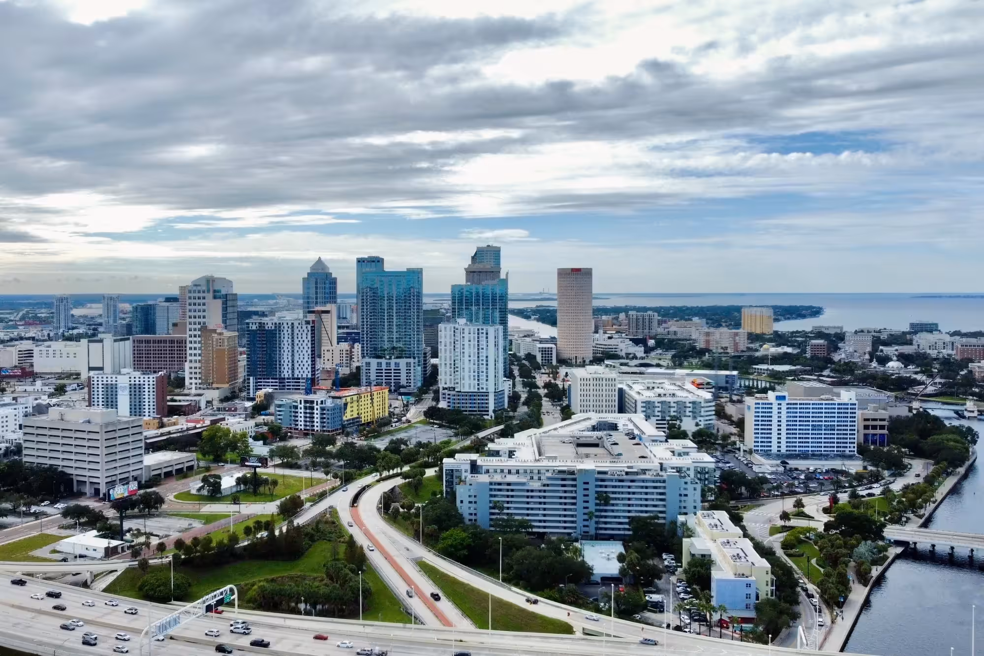 Aerial view of Downtown Tampa skyline and the Hillsborough River