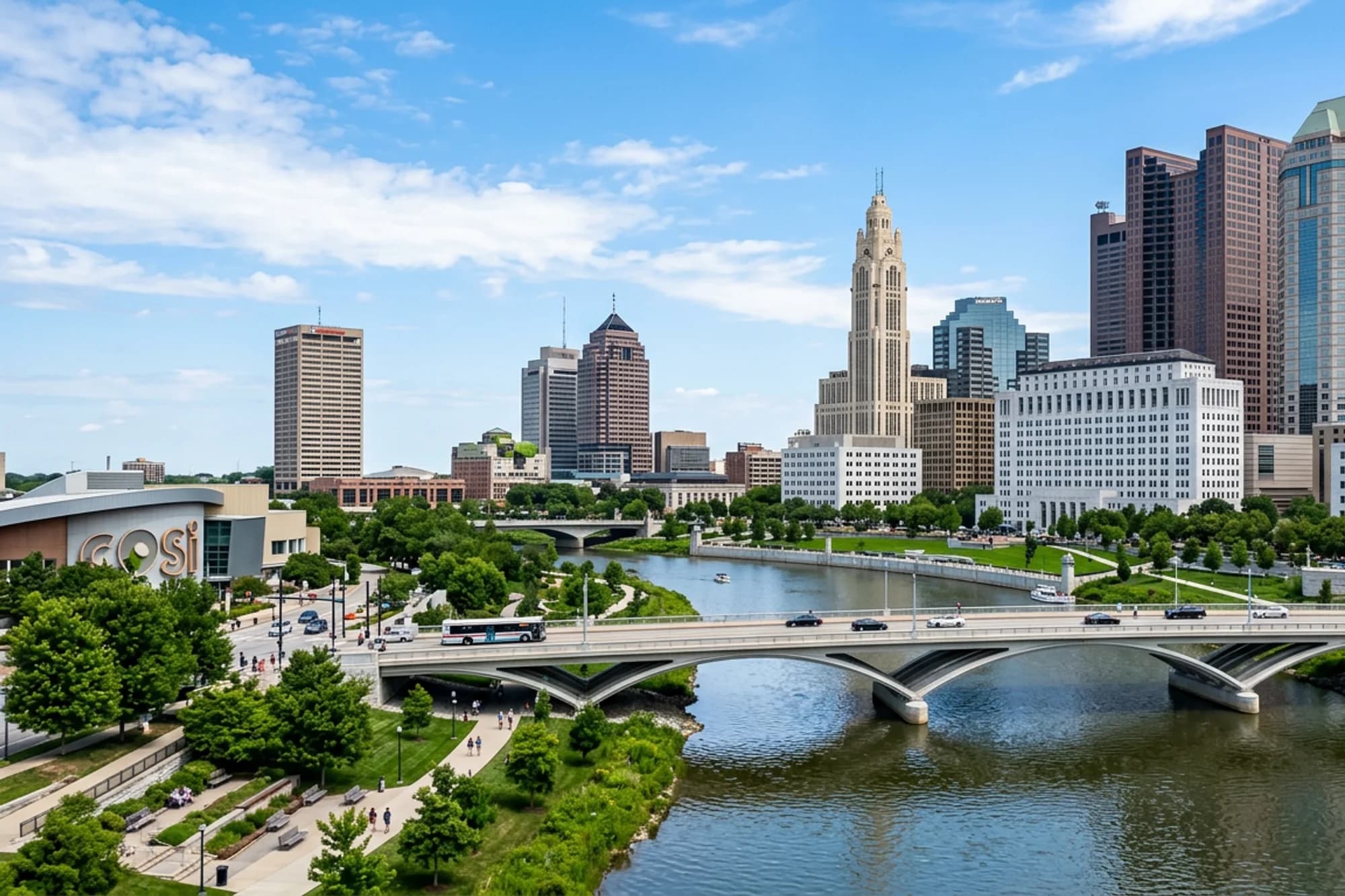Columbus, Ohio downtown skyline and Scioto River