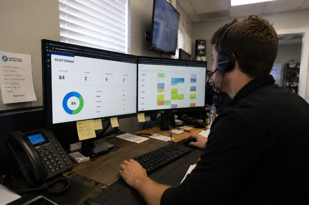 Appliance repair dispatcher with headset managing service call schedules, technician routing, and daily job board on dual monitors.