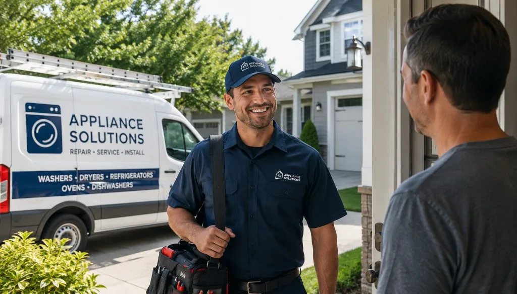 Appliance repair technician in uniform greeting a homeowner at the front door with a branded service van in the driveway.