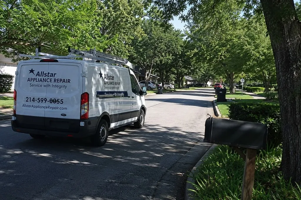 Branded appliance repair service van parked on a residential street with company logo, phone number, and ladder rack — local brand visibility in the neighborhood.