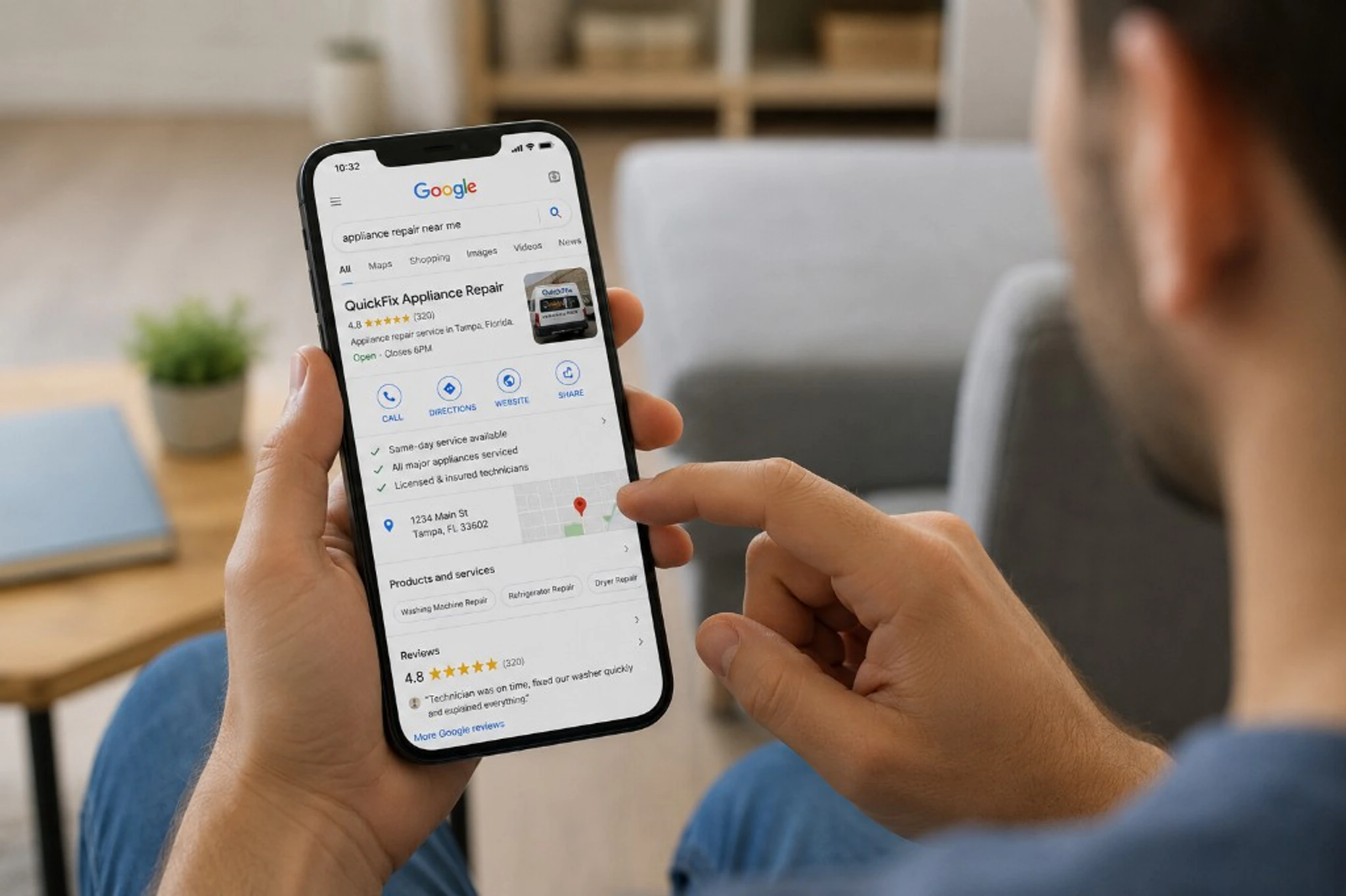 Homeowner on mobile searching appliance repair near me on Google — comparing QuickFix Appliance Repair reviews, ratings, and Google Business Profile before calling.
