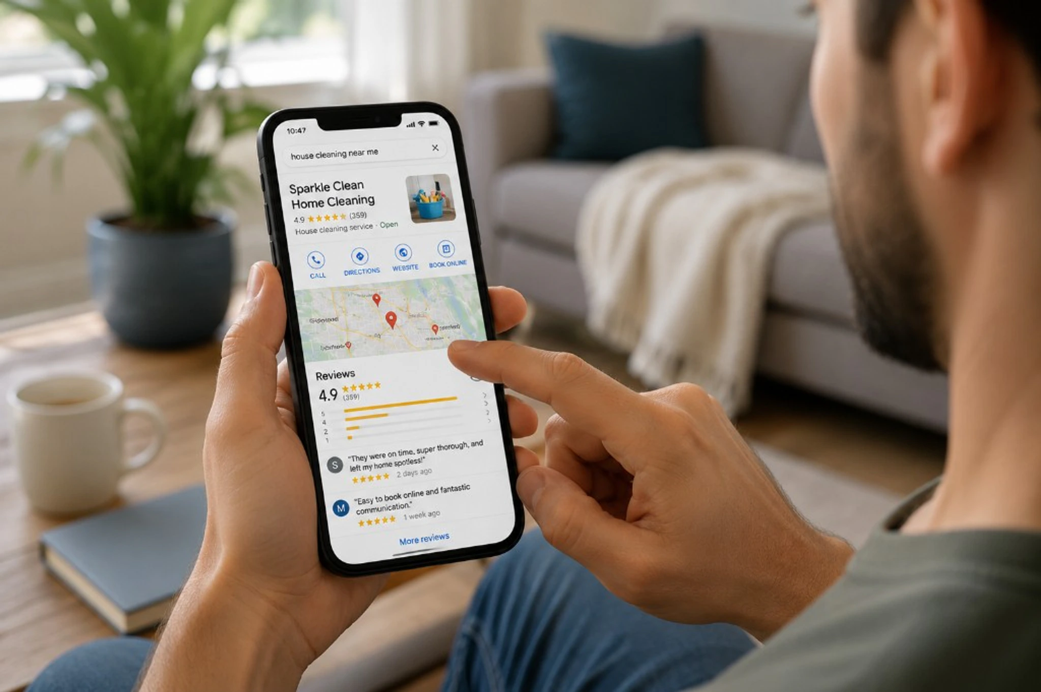 Homeowner researching local cleaning companies on mobile — comparing Google reviews and booking options before scheduling.