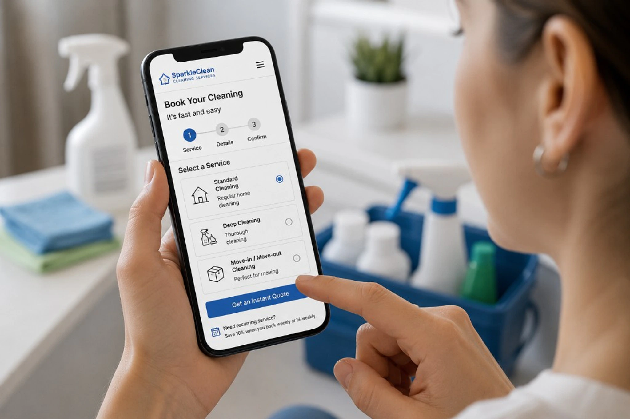 Homeowner on mobile booking a recurring house cleaning service online and comparing weekly plan options.