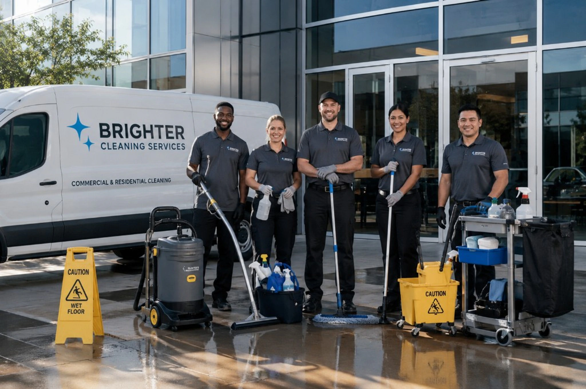 Professional residential cleaning crew with equipment arriving for a scheduled recurring home cleaning visit.
