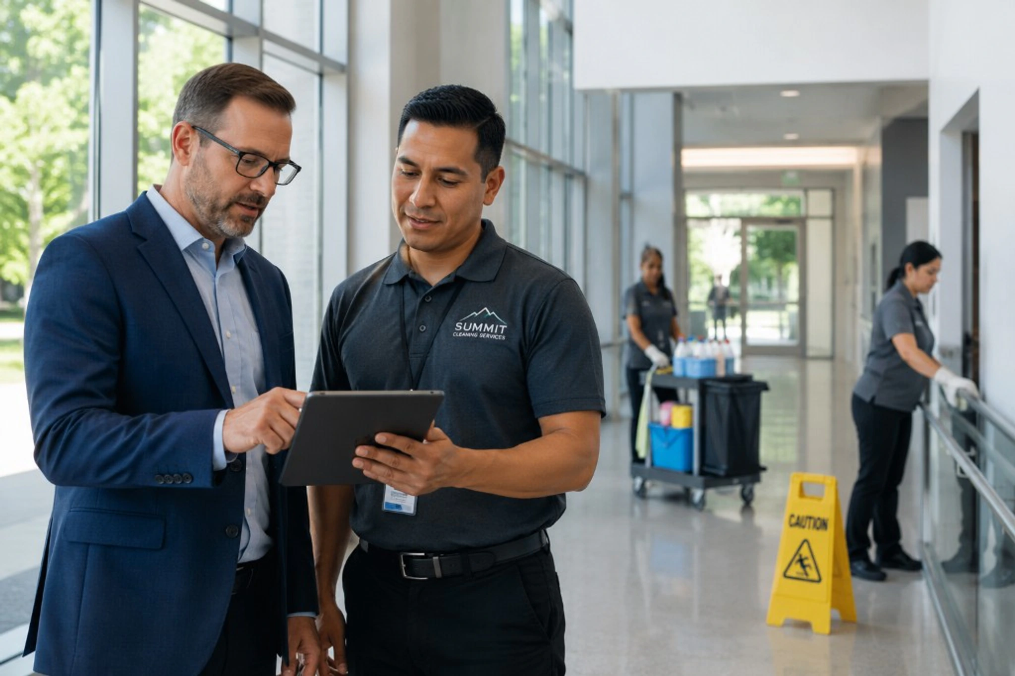 Commercial cleaning company representative consulting with a facility manager about office janitorial service scope.