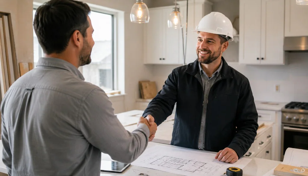 General contractor in a hard hat shaking hands with a homeowner over blueprints during a kitchen renovation consultation.